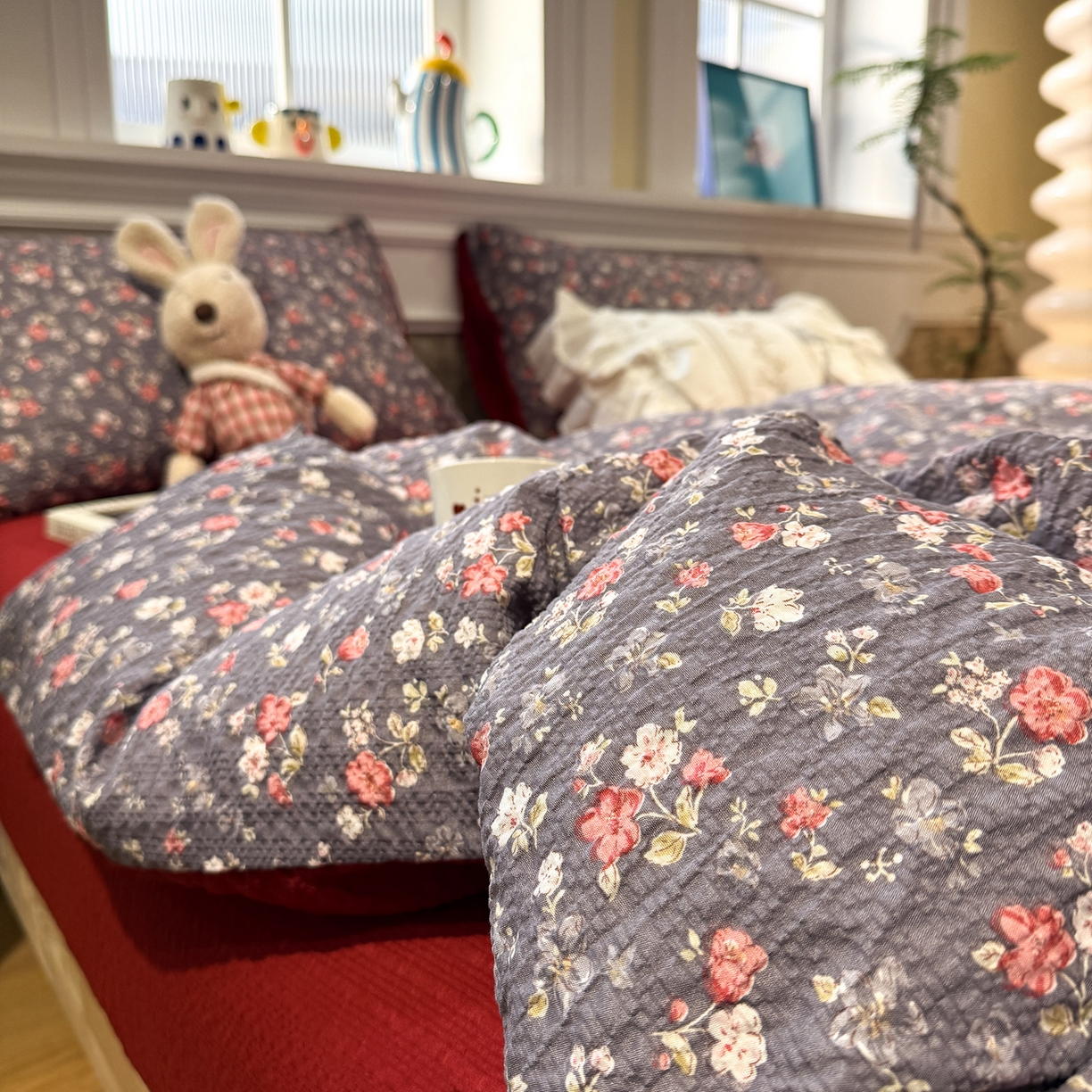 91家纺网 家纺一手货源 找家纺 水墨江南 2026直播热款泡芙棉双层纱四件套 花季