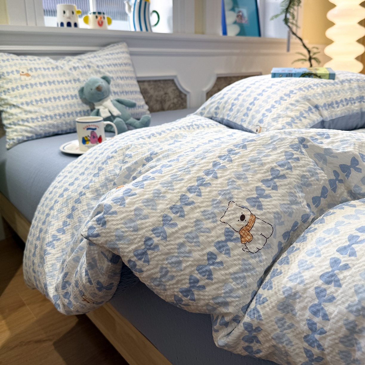 91家纺网 家纺一手货源 找家纺 水墨江南 2026直播热款泡芙棉双层纱四件套 泡芙小狗