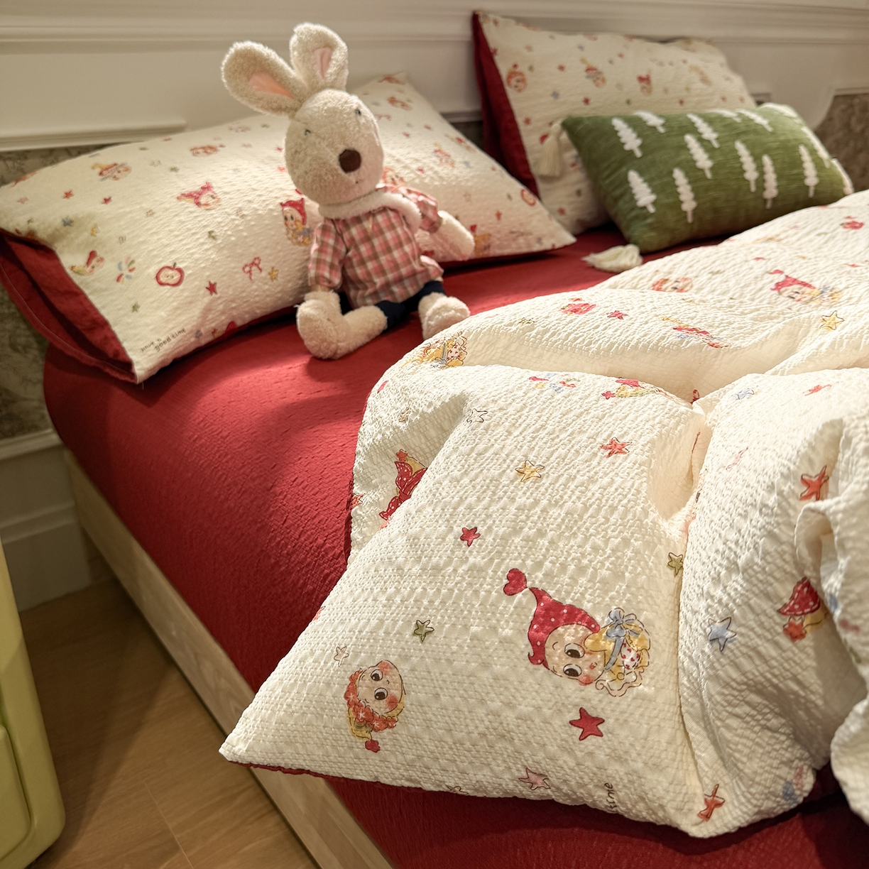 91家纺网 家纺一手货源 找家纺 水墨江南 2026直播热款泡芙棉双层纱四件套 快乐星星