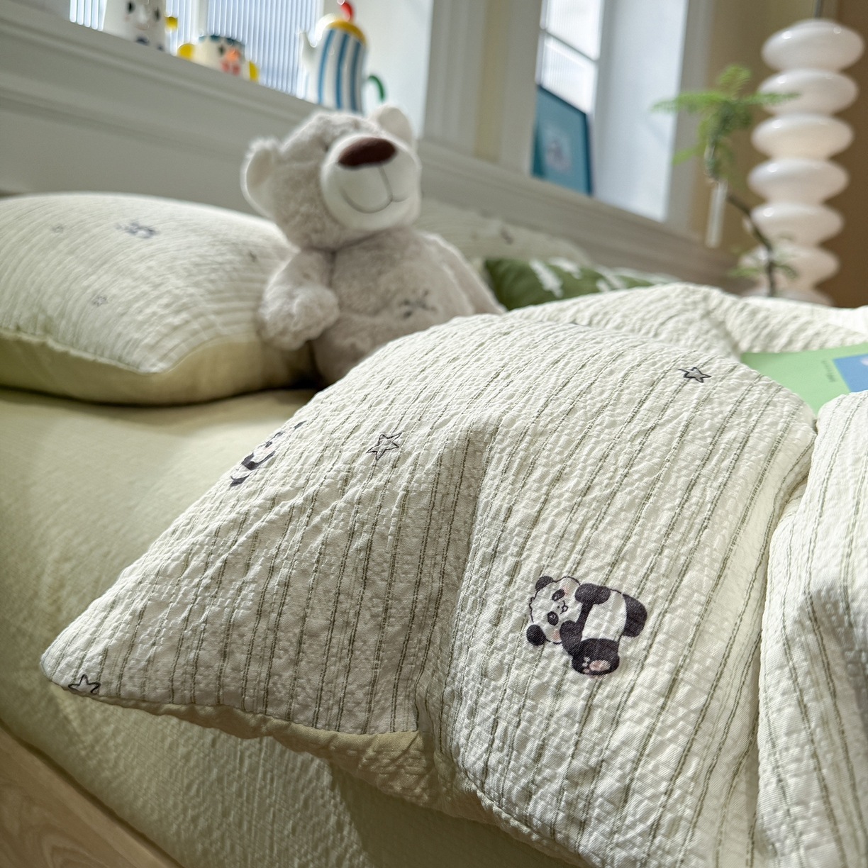 91家纺网 家纺一手货源 找家纺 水墨江南 2026直播热款泡芙棉双层纱四件套 可爱熊猫