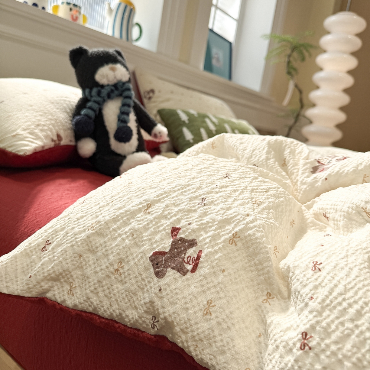 91家纺网 家纺一手货源 找家纺 水墨江南 2026直播热款泡芙棉双层纱四件套 木马甜心