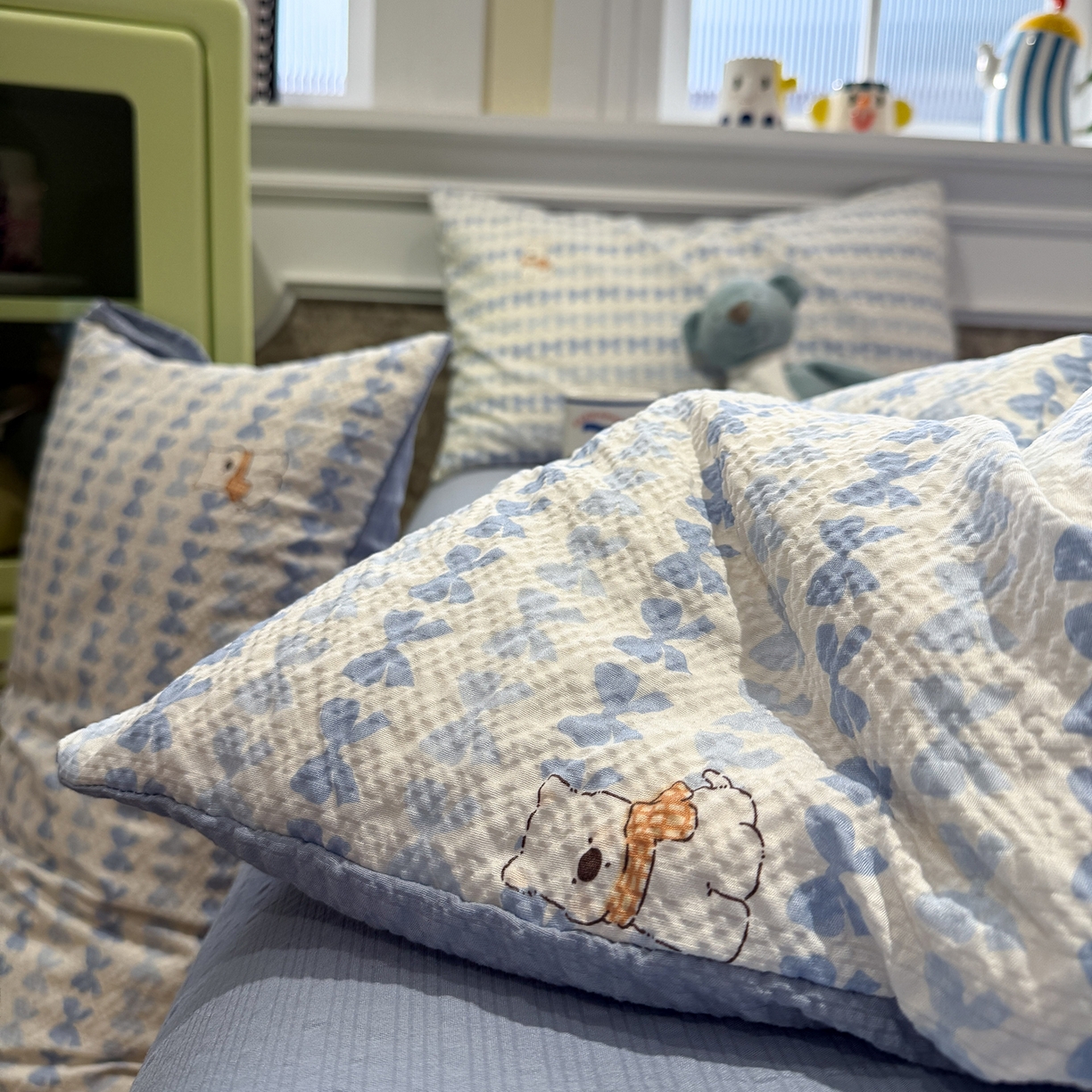 91家纺网 家纺一手货源 找家纺 水墨江南 2026直播热款泡芙棉双层纱四件套 泡芙小狗