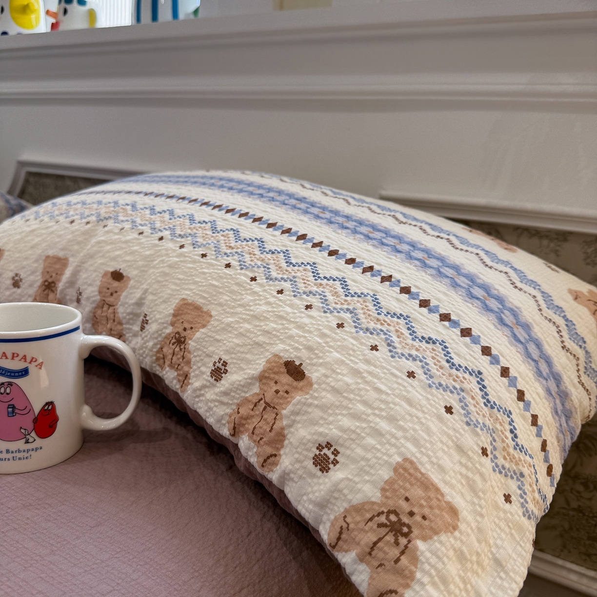 91家纺网 家纺一手货源 找家纺 水墨江南 2026直播热款泡芙棉双层纱四件套 费尔岛小熊