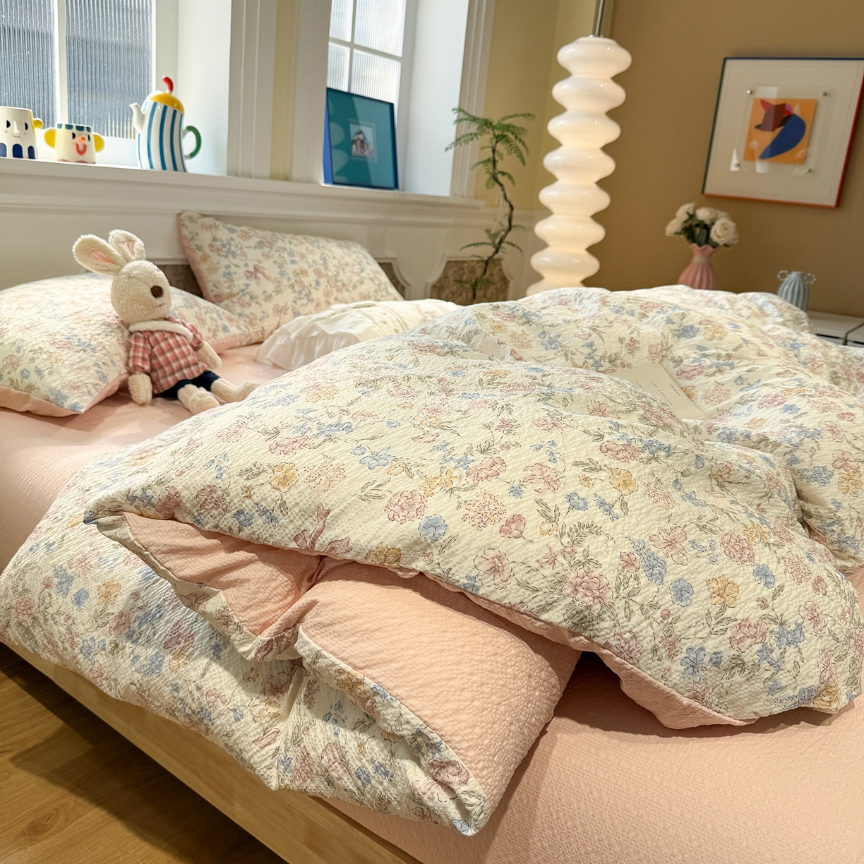 91家纺网 家纺一手货源 找家纺 水墨江南 2026直播热款泡芙棉双层纱四件套 粉黛佳人