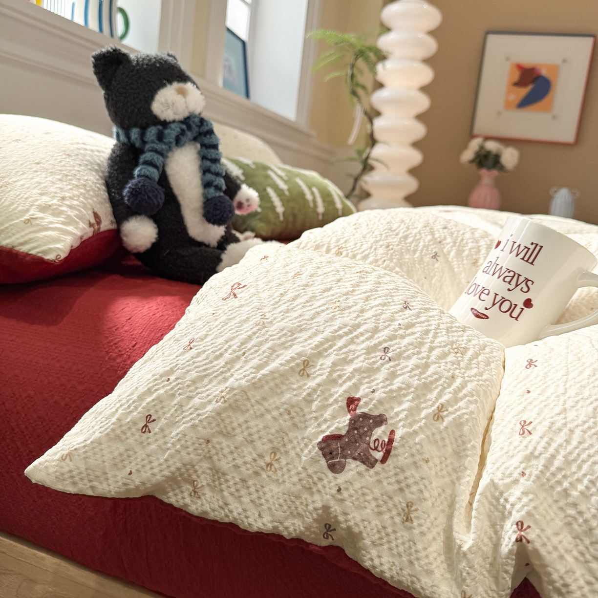 91家纺网 家纺一手货源 找家纺 水墨江南 2026直播热款泡芙棉双层纱四件套 木马甜心