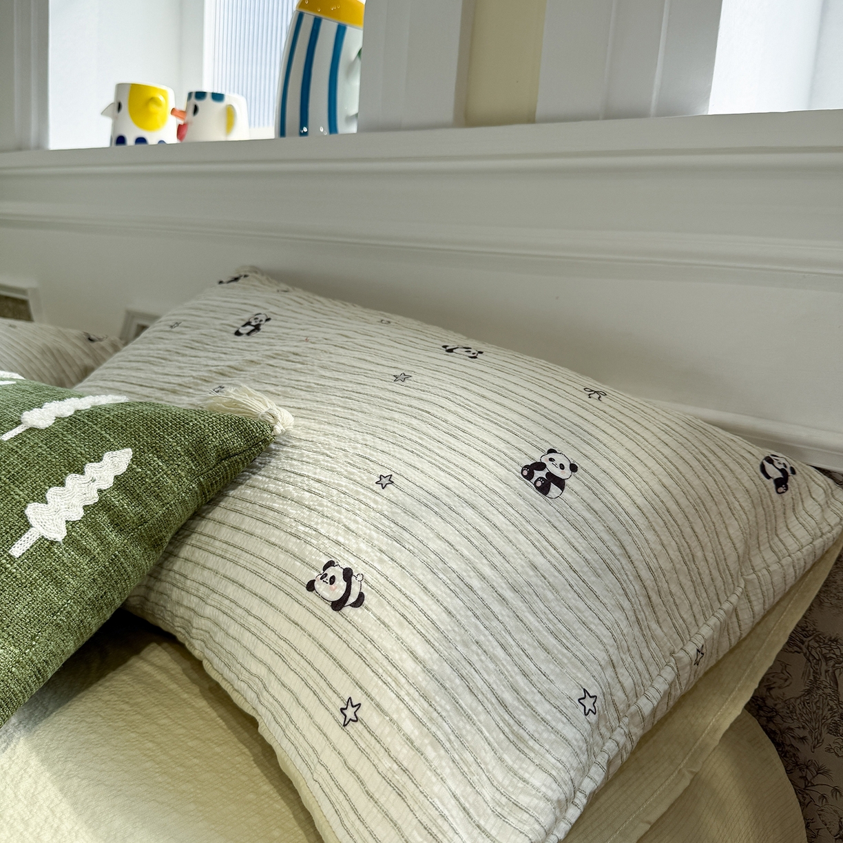 91家纺网 家纺一手货源 找家纺 水墨江南 2026直播热款泡芙棉双层纱四件套 可爱熊猫