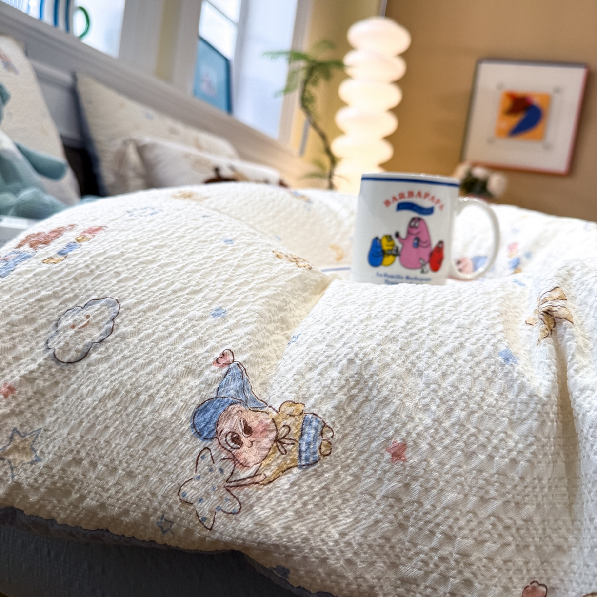 91家纺网 家纺一手货源 找家纺 水墨江南 2026直播热款泡芙棉双层纱四件套 可爱星仔