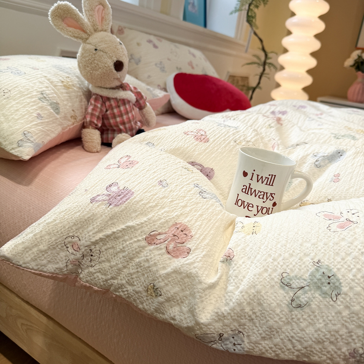 91家纺网 家纺一手货源 找家纺 水墨江南 2026直播热款泡芙棉双层纱四件套 七彩小兔