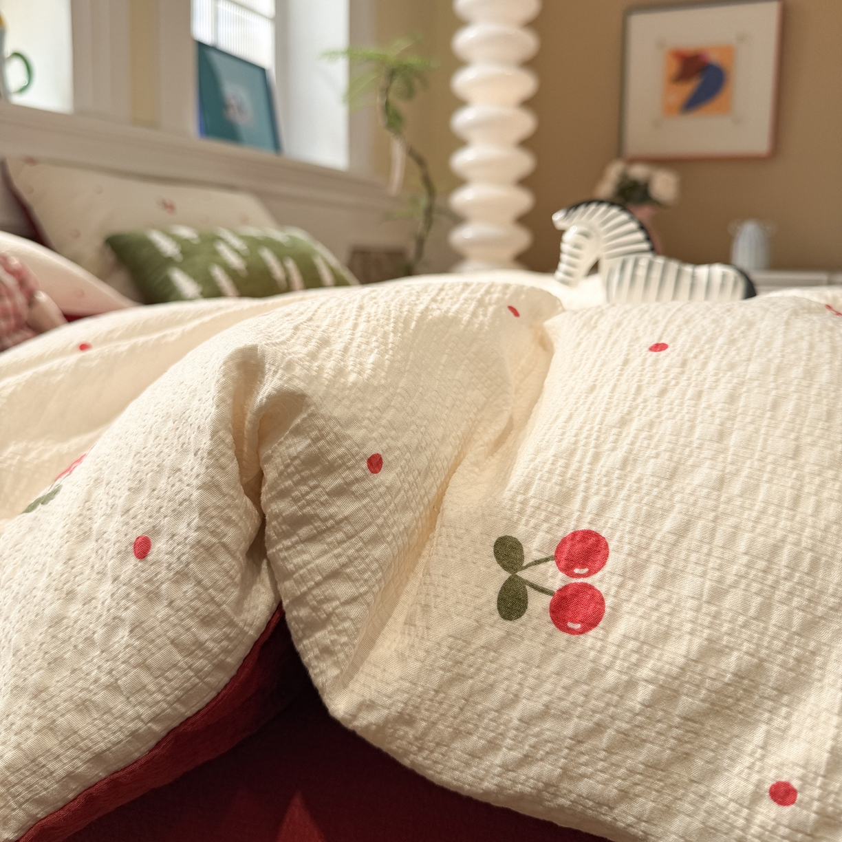 91家纺网 家纺一手货源 找家纺 水墨江南 2026直播热款泡芙棉双层纱四件套 樱桃啵啵