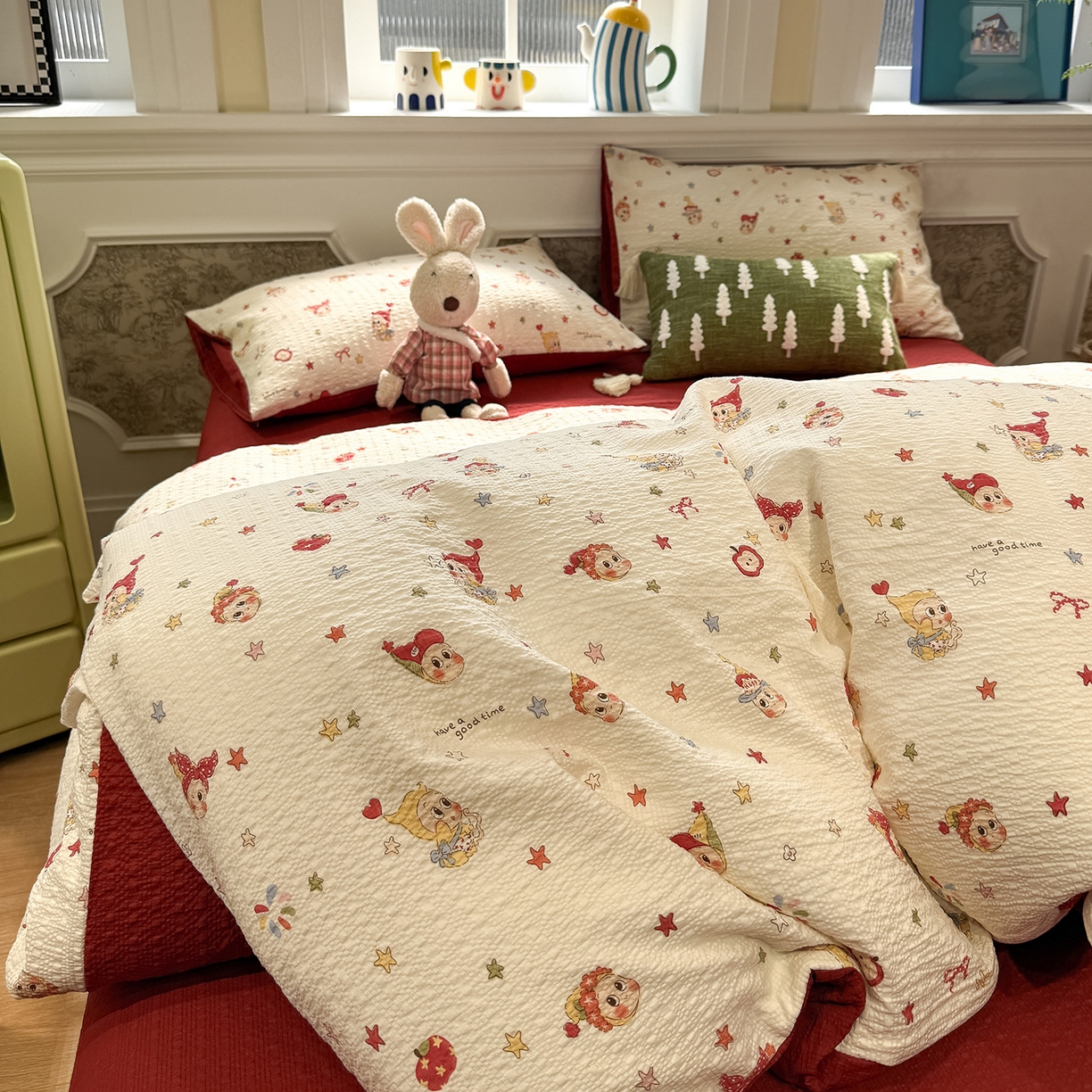 91家纺网 家纺一手货源 找家纺 水墨江南 2026直播热款泡芙棉双层纱四件套 快乐星星