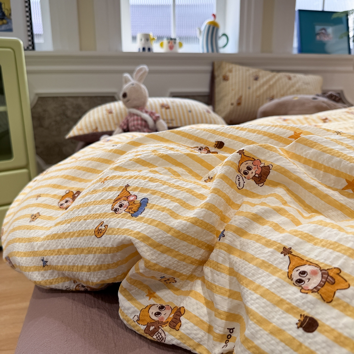 91家纺网 家纺一手货源 找家纺 水墨江南 2026直播热款泡芙棉双层纱四件套 可爱小星星