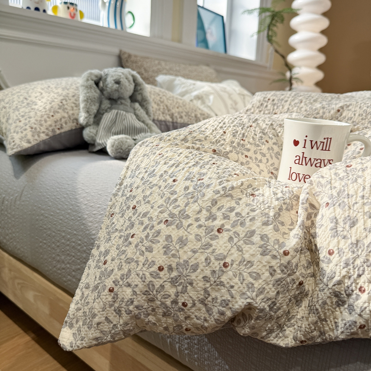 91家纺网 家纺一手货源 找家纺 水墨江南 2026直播热款泡芙棉双层纱四件套 知秋