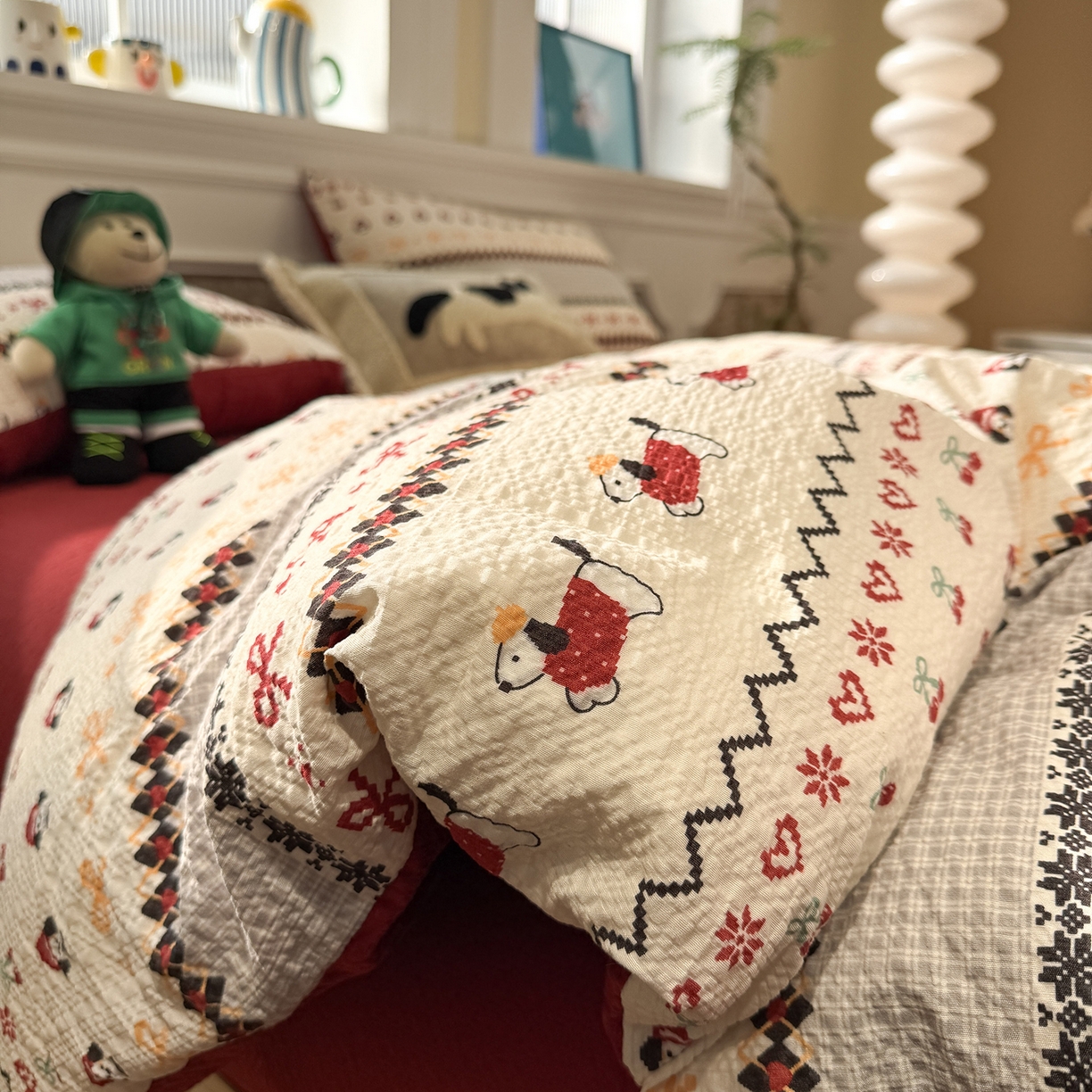 91家纺网 家纺一手货源 找家纺 水墨江南 2026直播热款泡芙棉双层纱四件套 小狗日记