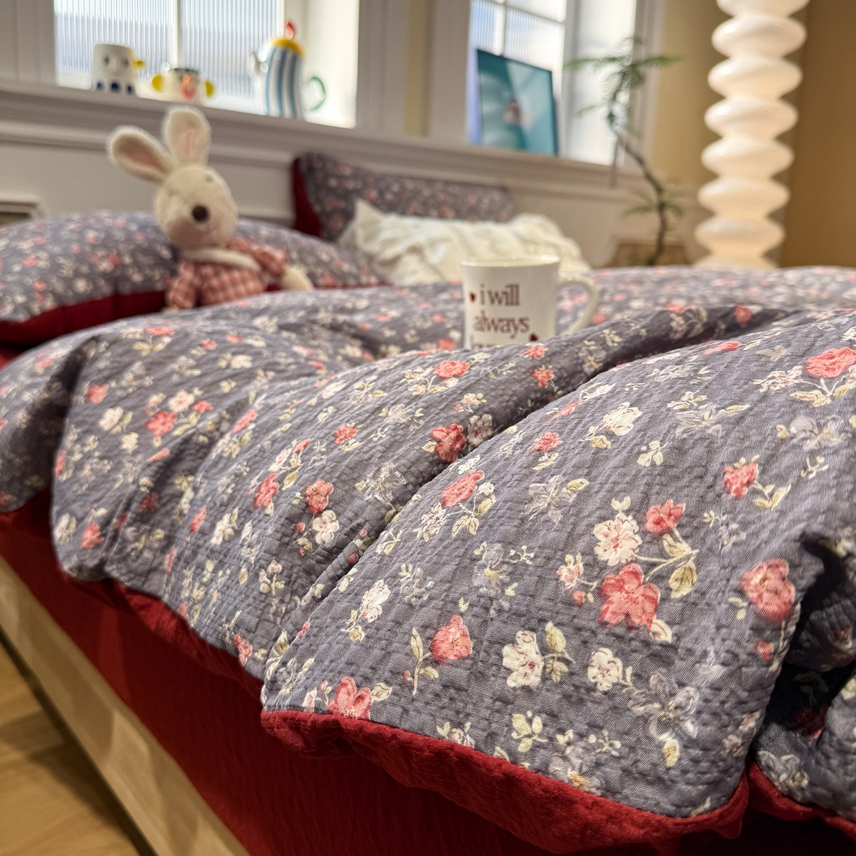 91家纺网 家纺一手货源 找家纺 水墨江南 2026直播热款泡芙棉双层纱四件套 花季