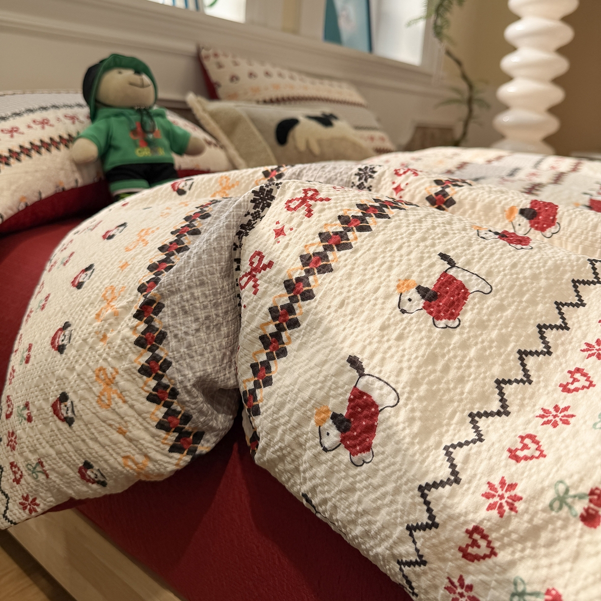 91家纺网 家纺一手货源 找家纺 水墨江南 2026直播热款泡芙棉双层纱四件套 小狗日记