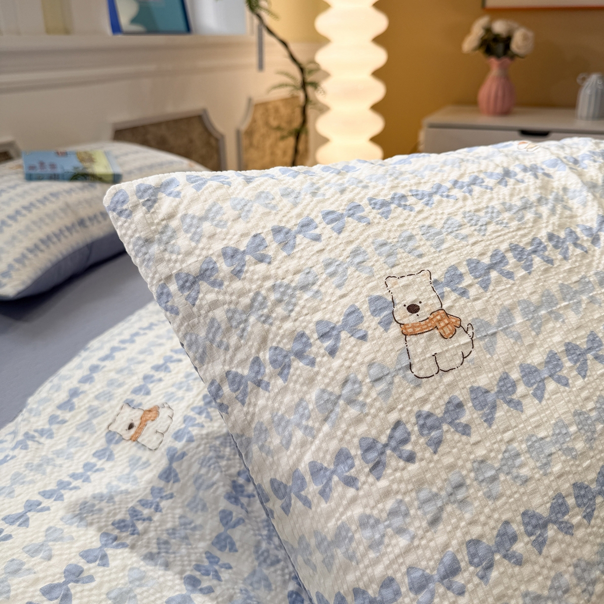 91家纺网 家纺一手货源 找家纺 水墨江南 2026直播热款泡芙棉双层纱四件套 泡芙小狗