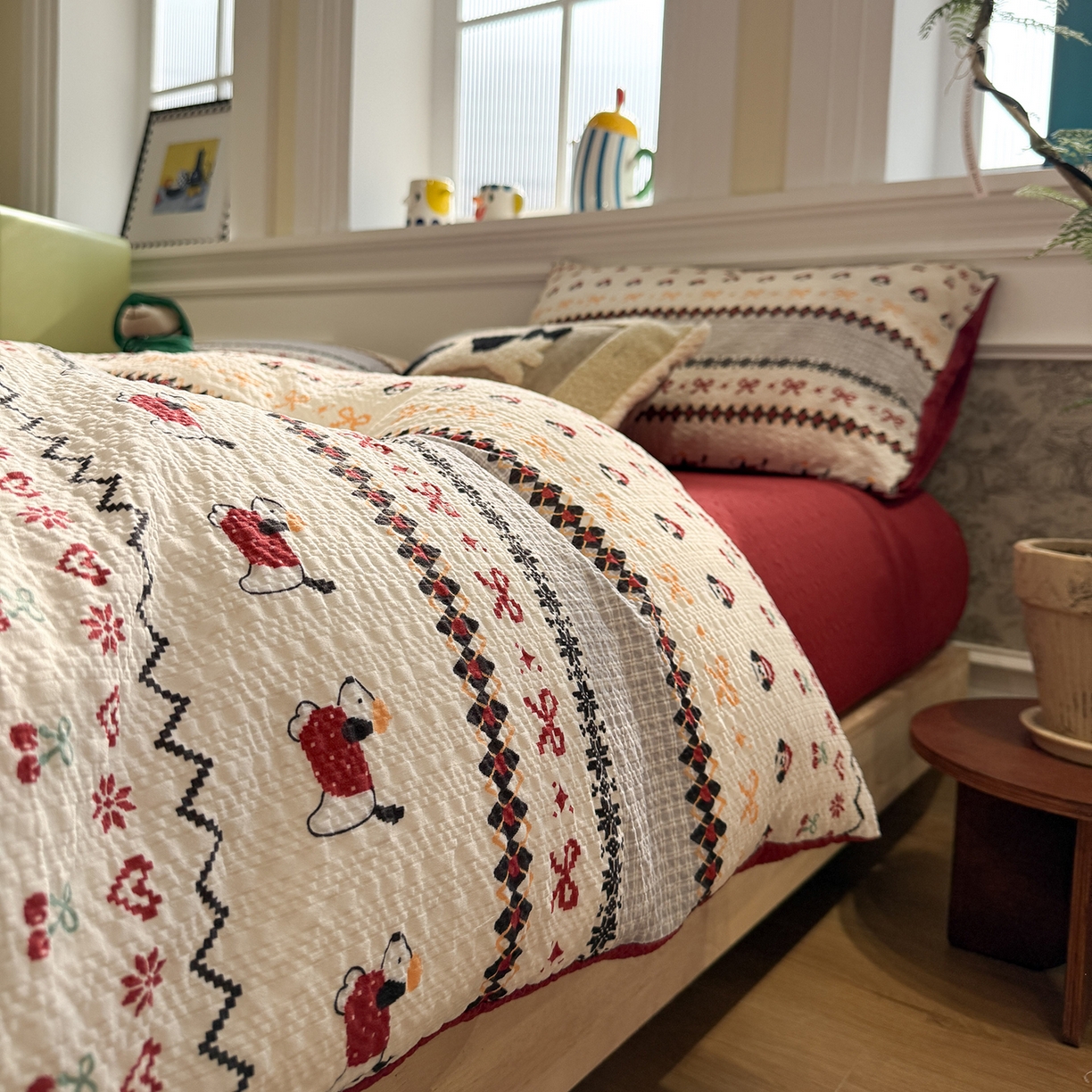 91家纺网 家纺一手货源 找家纺 水墨江南 2026直播热款泡芙棉双层纱四件套 小狗日记