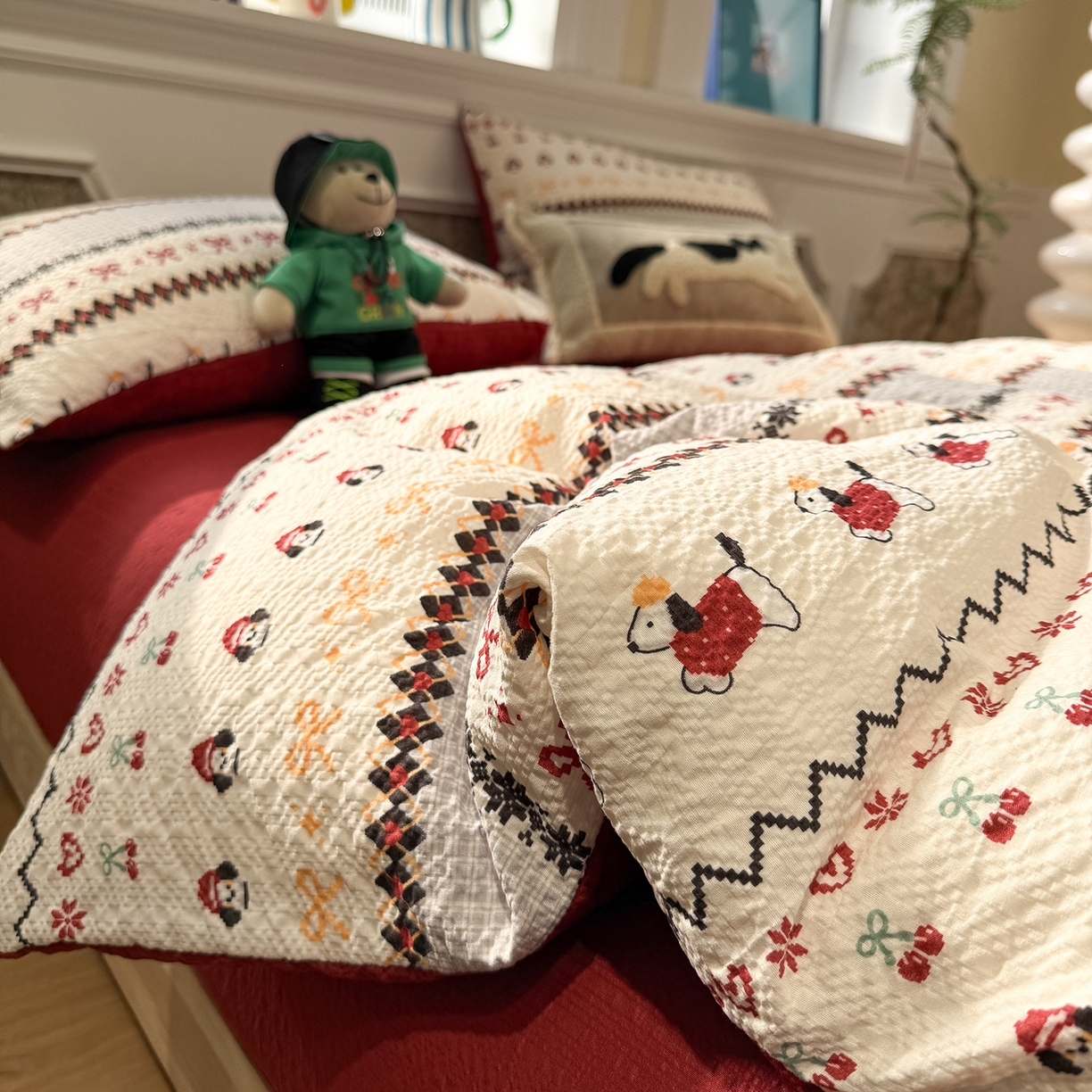 91家纺网 家纺一手货源 找家纺 水墨江南 2026直播热款泡芙棉双层纱四件套 小狗日记