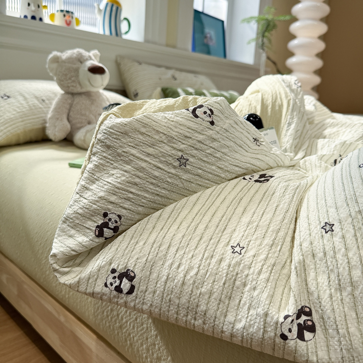 水墨江南 2026直播热款泡芙棉双层纱四件套 可爱熊猫