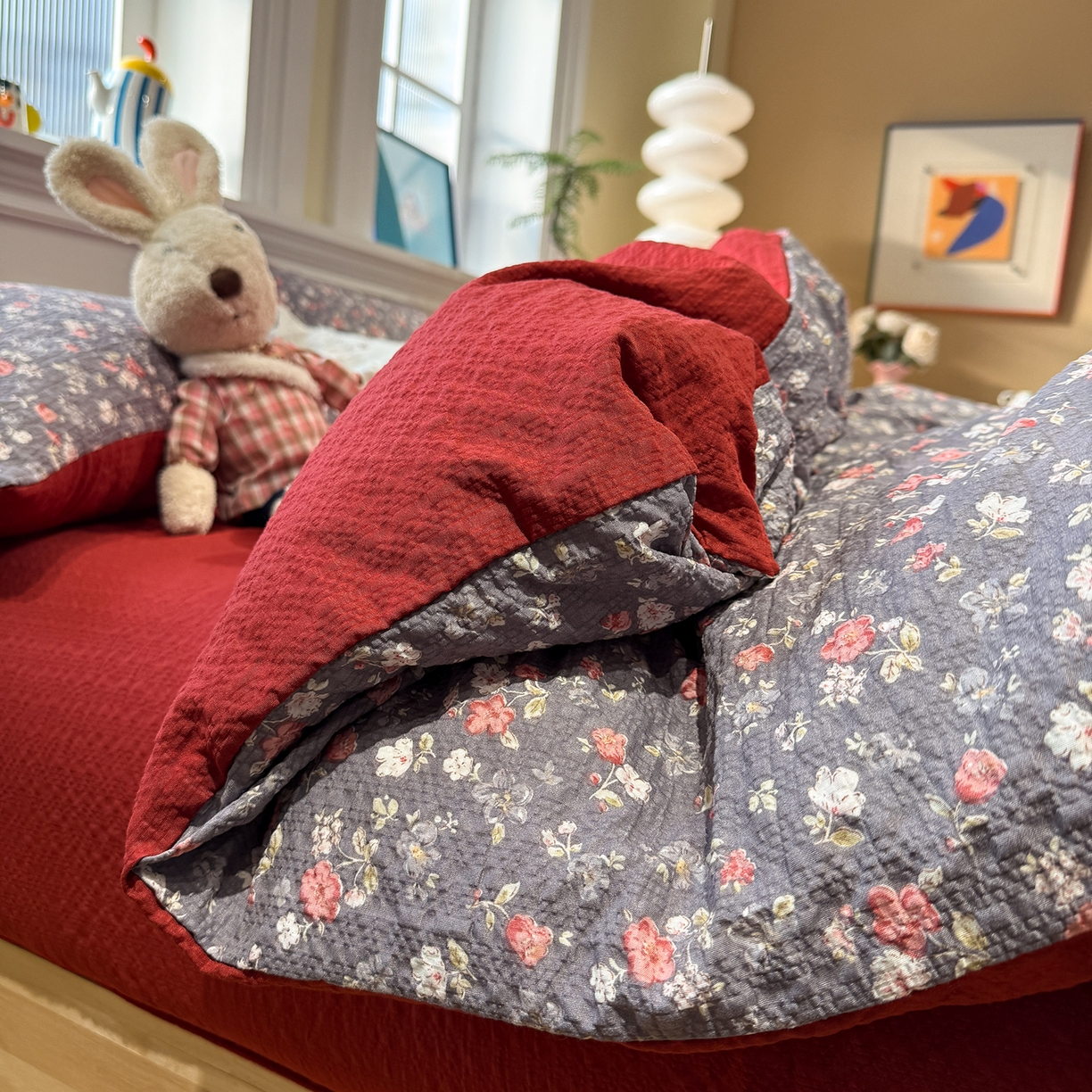 91家纺网 家纺一手货源 找家纺 水墨江南 2026直播热款泡芙棉双层纱四件套 花季