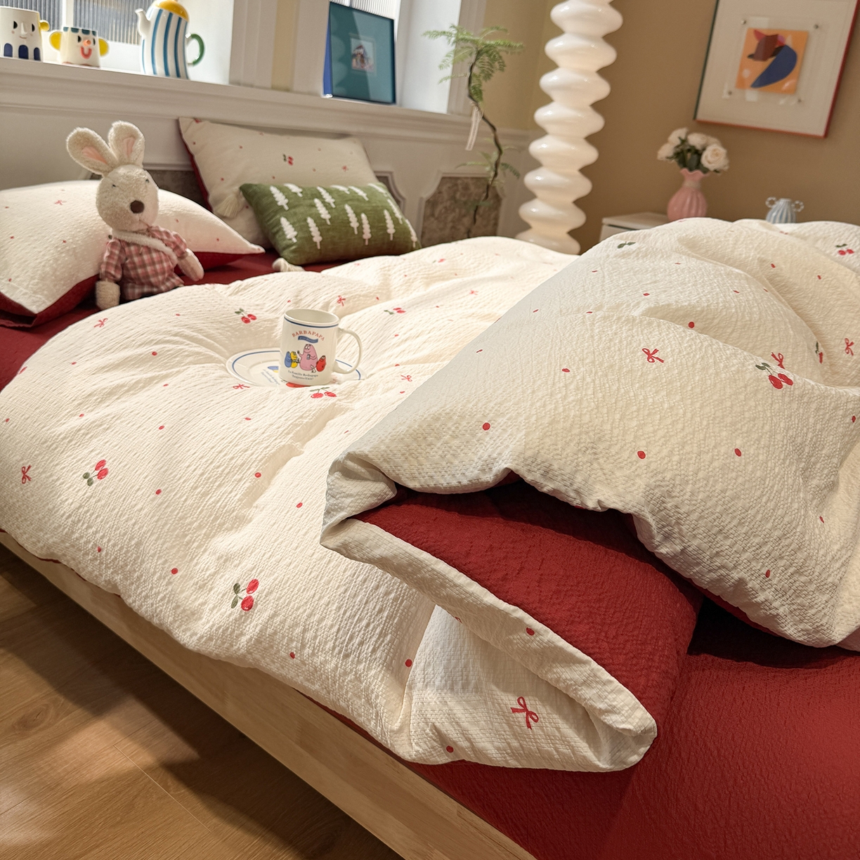 91家纺网 家纺一手货源 找家纺 水墨江南 2026直播热款泡芙棉双层纱四件套 樱桃啵啵