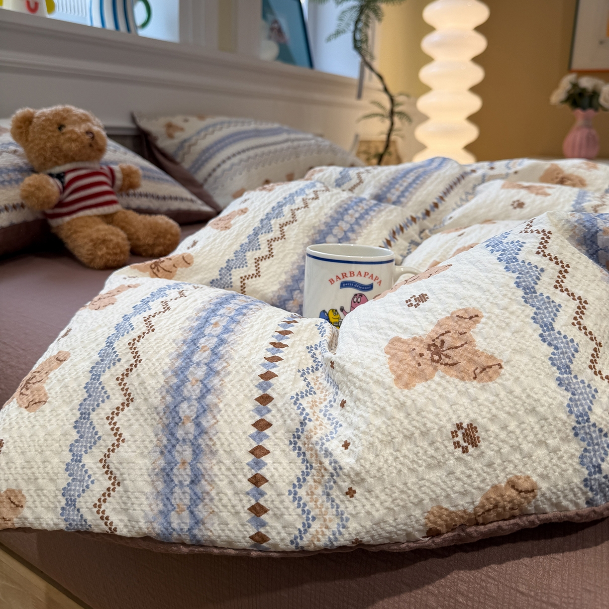 91家纺网 家纺一手货源 找家纺 水墨江南 2026直播热款泡芙棉双层纱四件套 费尔岛小熊