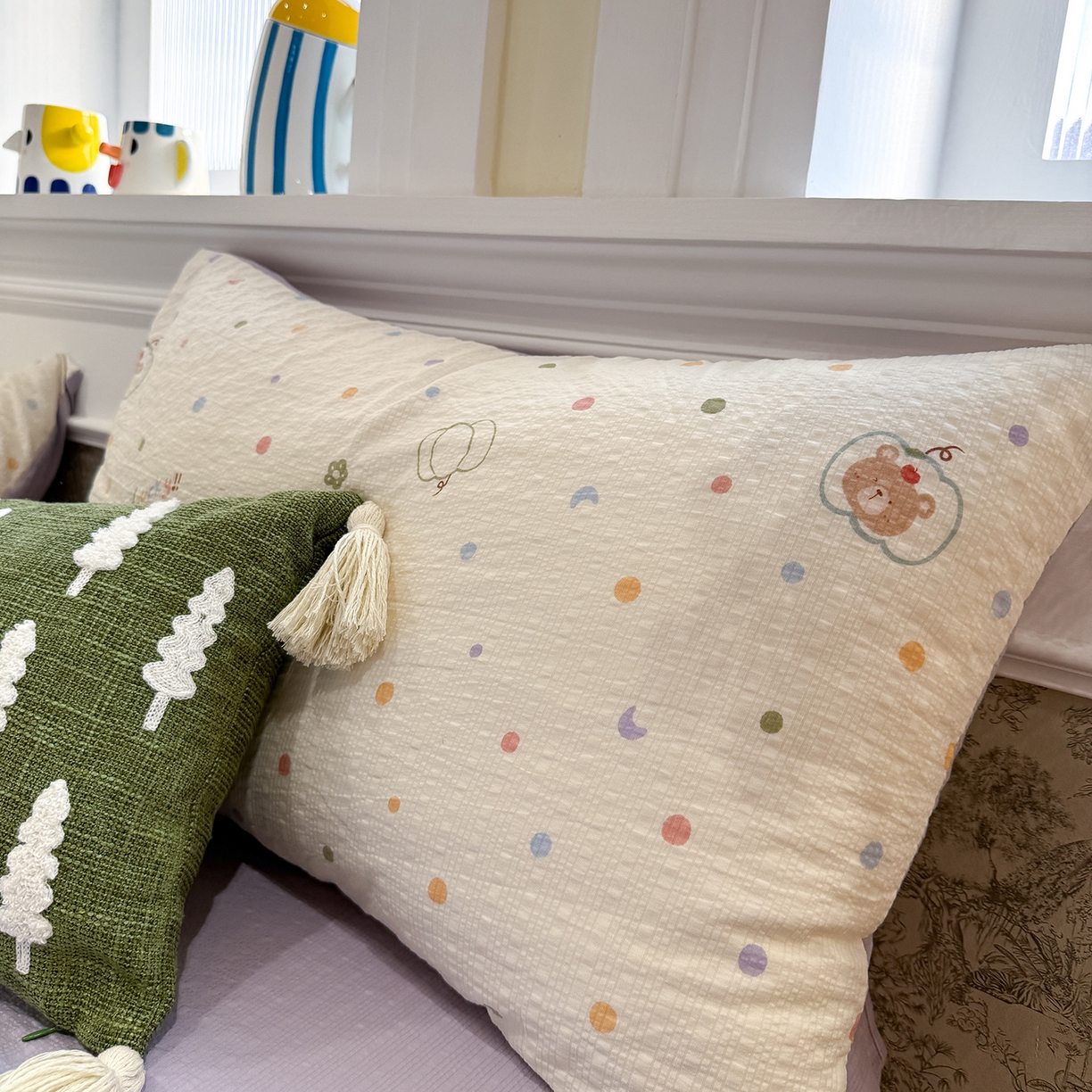 91家纺网 家纺一手货源 找家纺 水墨江南 2026直播热款泡芙棉双层纱四件套 小熊啵啵