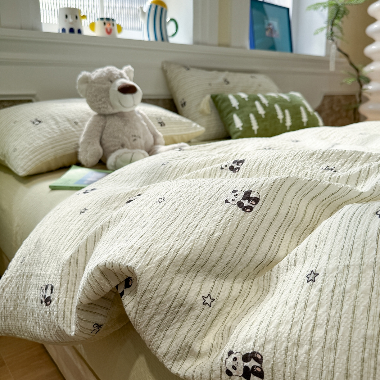 91家纺网 家纺一手货源 找家纺 水墨江南 2026直播热款泡芙棉双层纱四件套 可爱熊猫