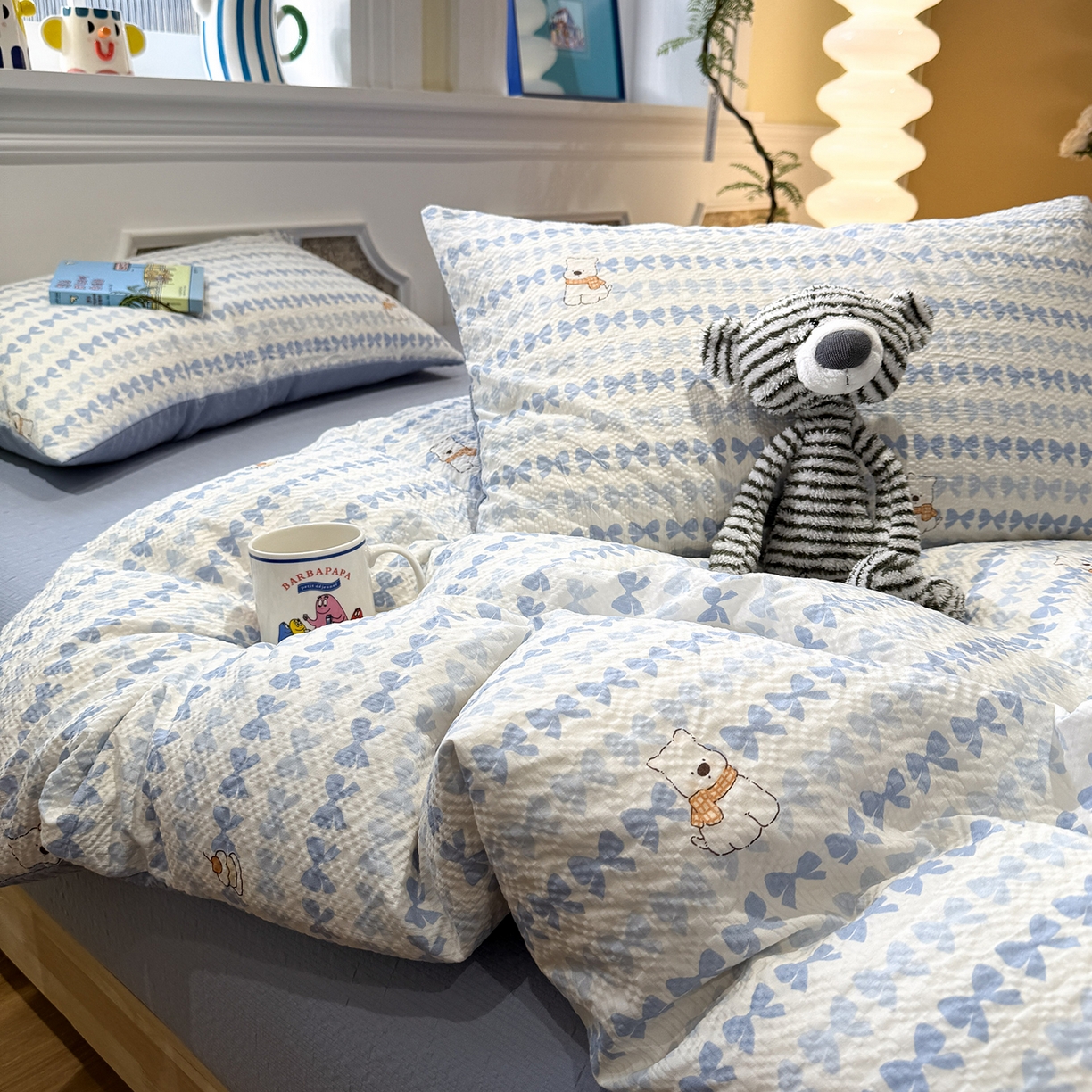 91家纺网 家纺一手货源 找家纺 水墨江南 2026直播热款泡芙棉双层纱四件套 泡芙小狗