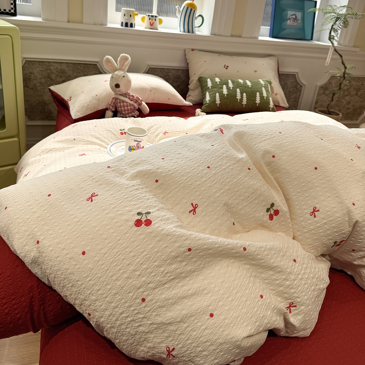 91家纺网 家纺一手货源 找家纺 水墨江南 2026直播热款泡芙棉双层纱四件套 樱桃啵啵