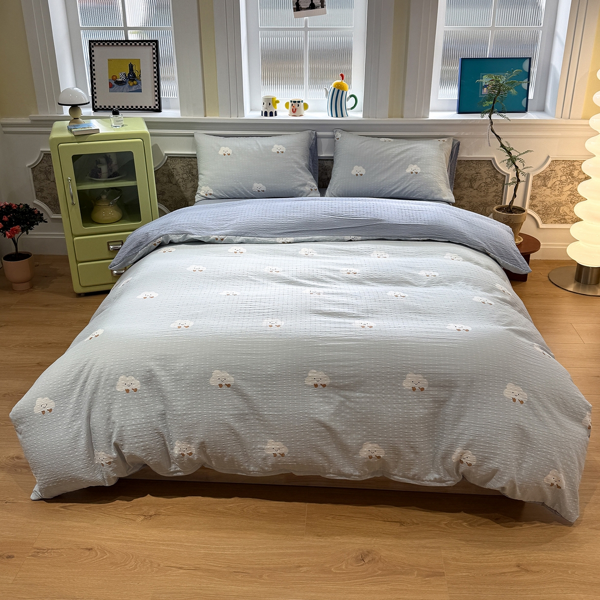 91家纺网 家纺一手货源 找家纺 水墨江南 2026直播热款泡芙棉双层纱四件套 可爱云朵