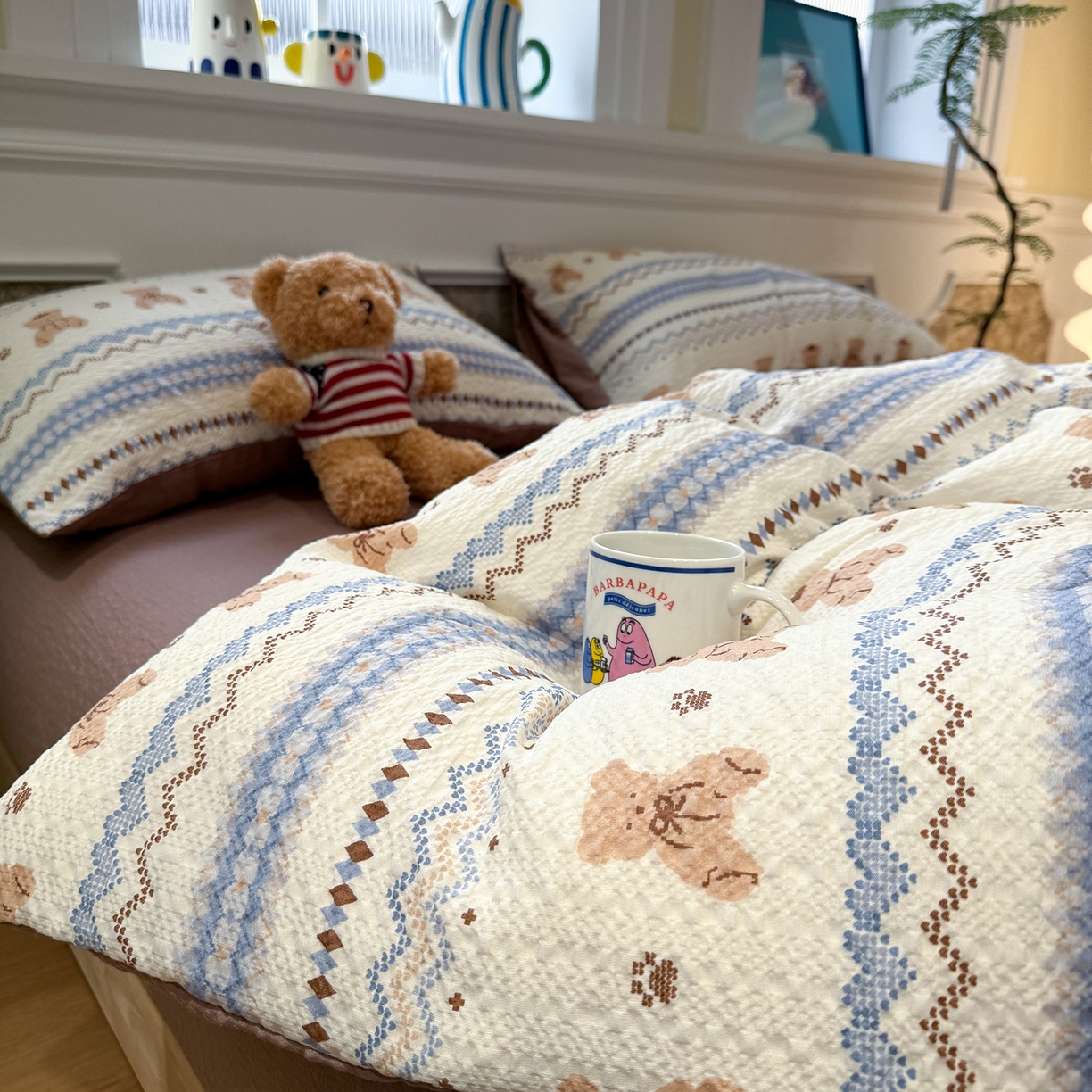 91家纺网 家纺一手货源 找家纺 水墨江南 2026直播热款泡芙棉双层纱四件套 费尔岛小熊