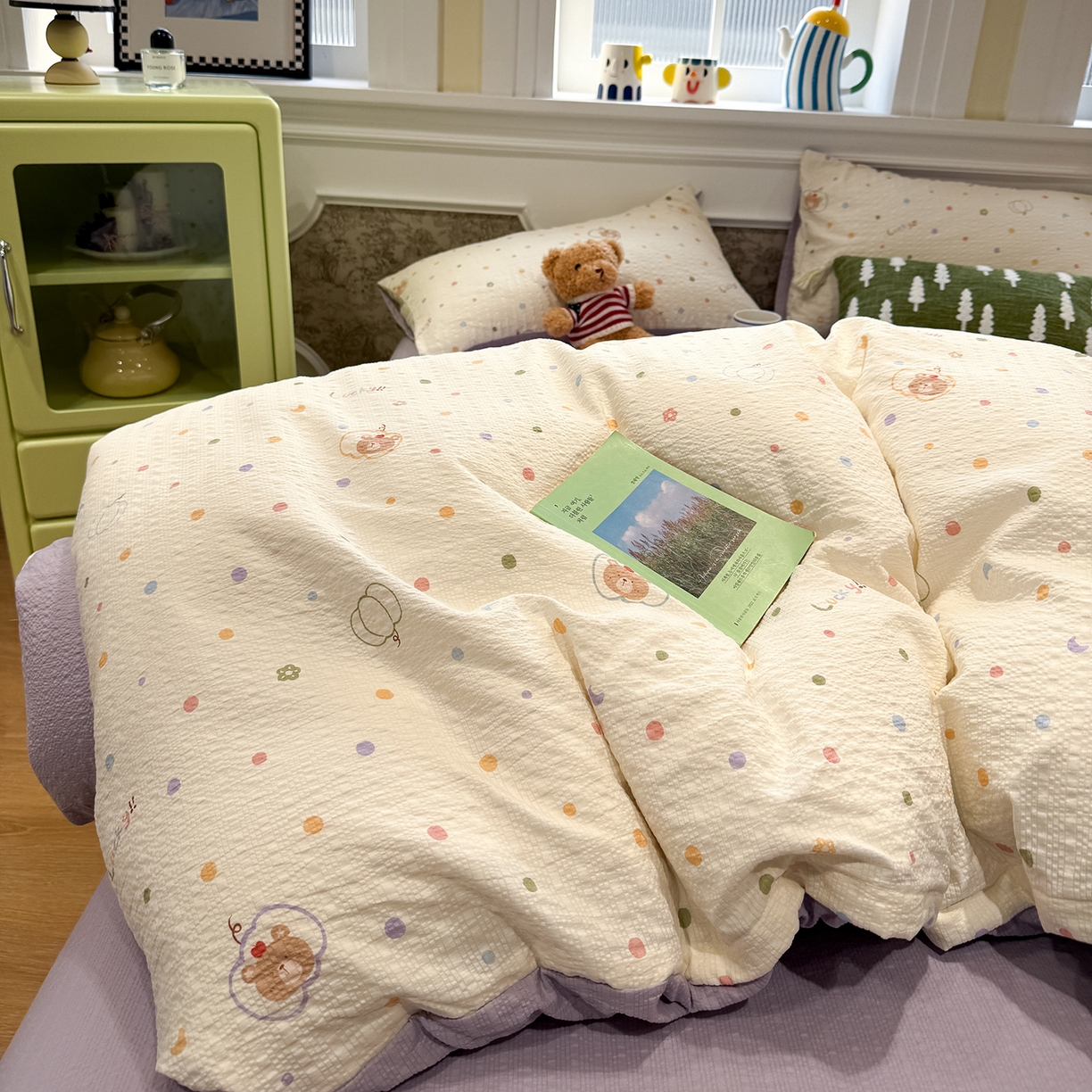 91家纺网 家纺一手货源 找家纺 水墨江南 2026直播热款泡芙棉双层纱四件套 小熊啵啵