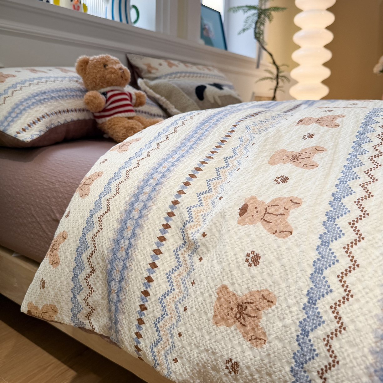 91家纺网 家纺一手货源 找家纺 水墨江南 2026直播热款泡芙棉双层纱四件套 费尔岛小熊