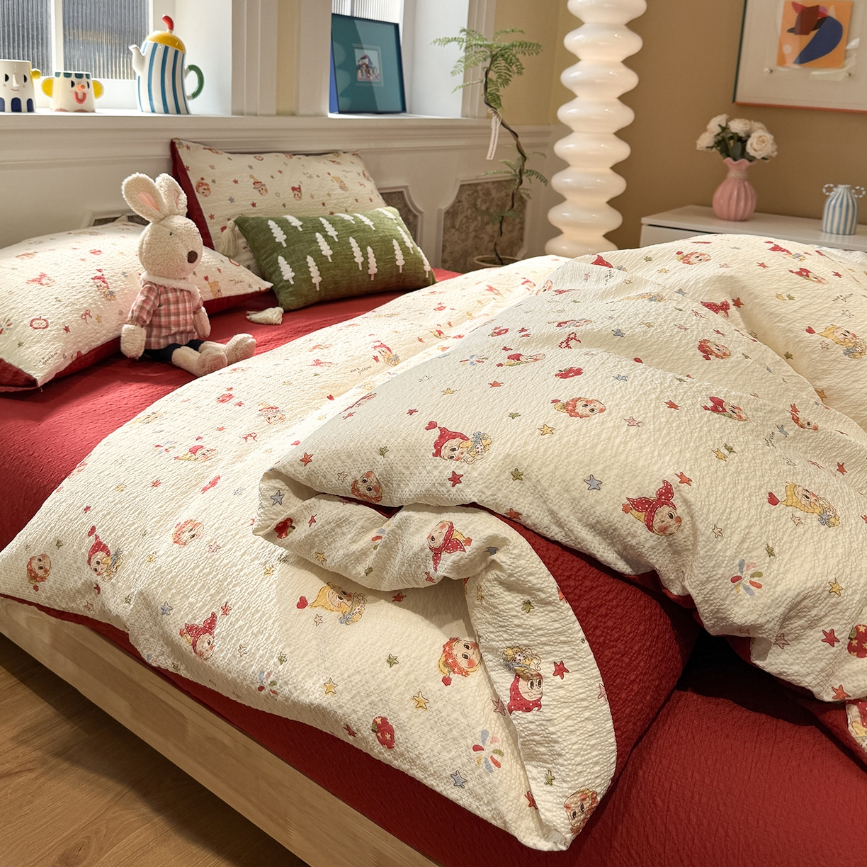 91家纺网 家纺一手货源 找家纺 水墨江南 2026直播热款泡芙棉双层纱四件套 快乐星星