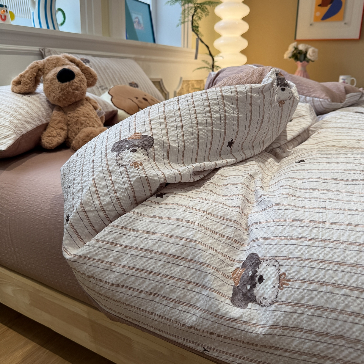 水墨江南 2026直播热款泡芙棉双层纱四件套 条纹狗狗