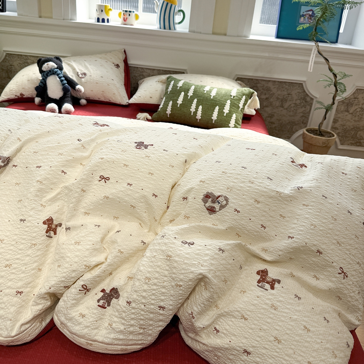 91家纺网 家纺一手货源 找家纺 水墨江南 2026直播热款泡芙棉双层纱四件套 木马甜心