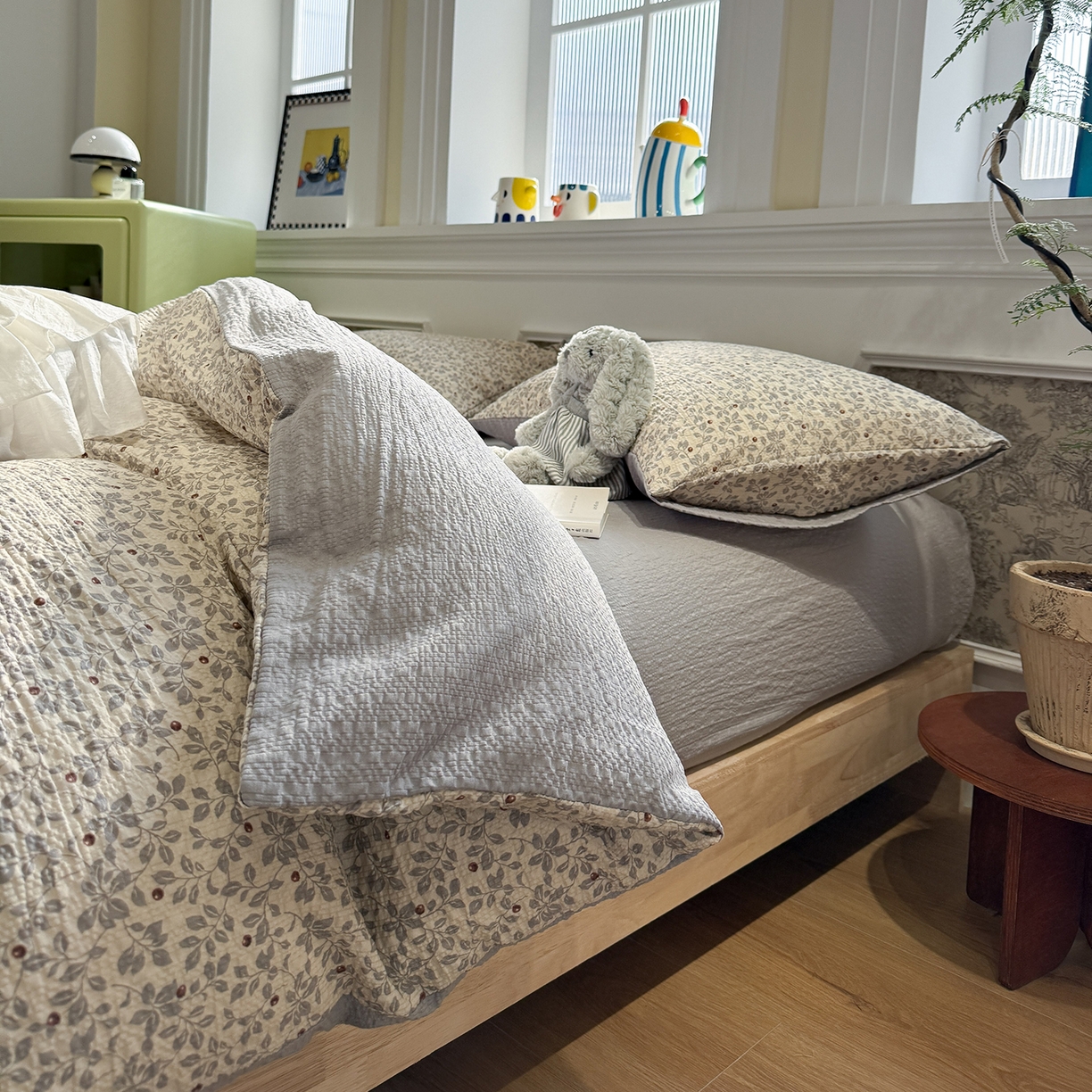 91家纺网 家纺一手货源 找家纺 水墨江南 2026直播热款泡芙棉双层纱四件套 知秋