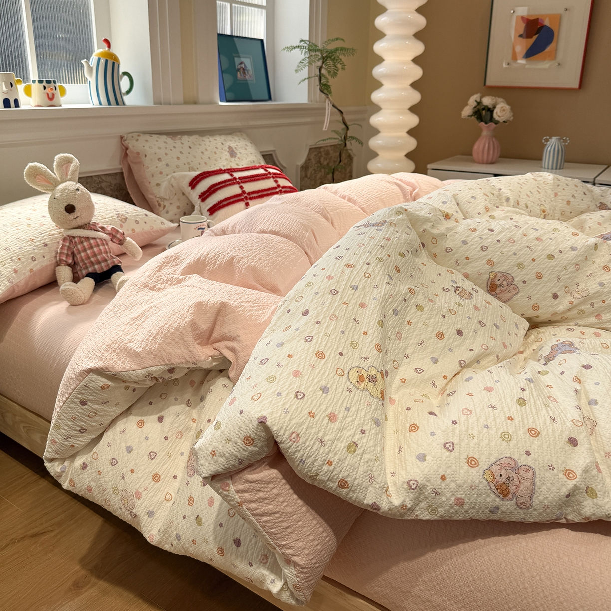 91家纺网 家纺一手货源 找家纺 水墨江南 2026直播热款泡芙棉双层纱四件套 甜心伙伴