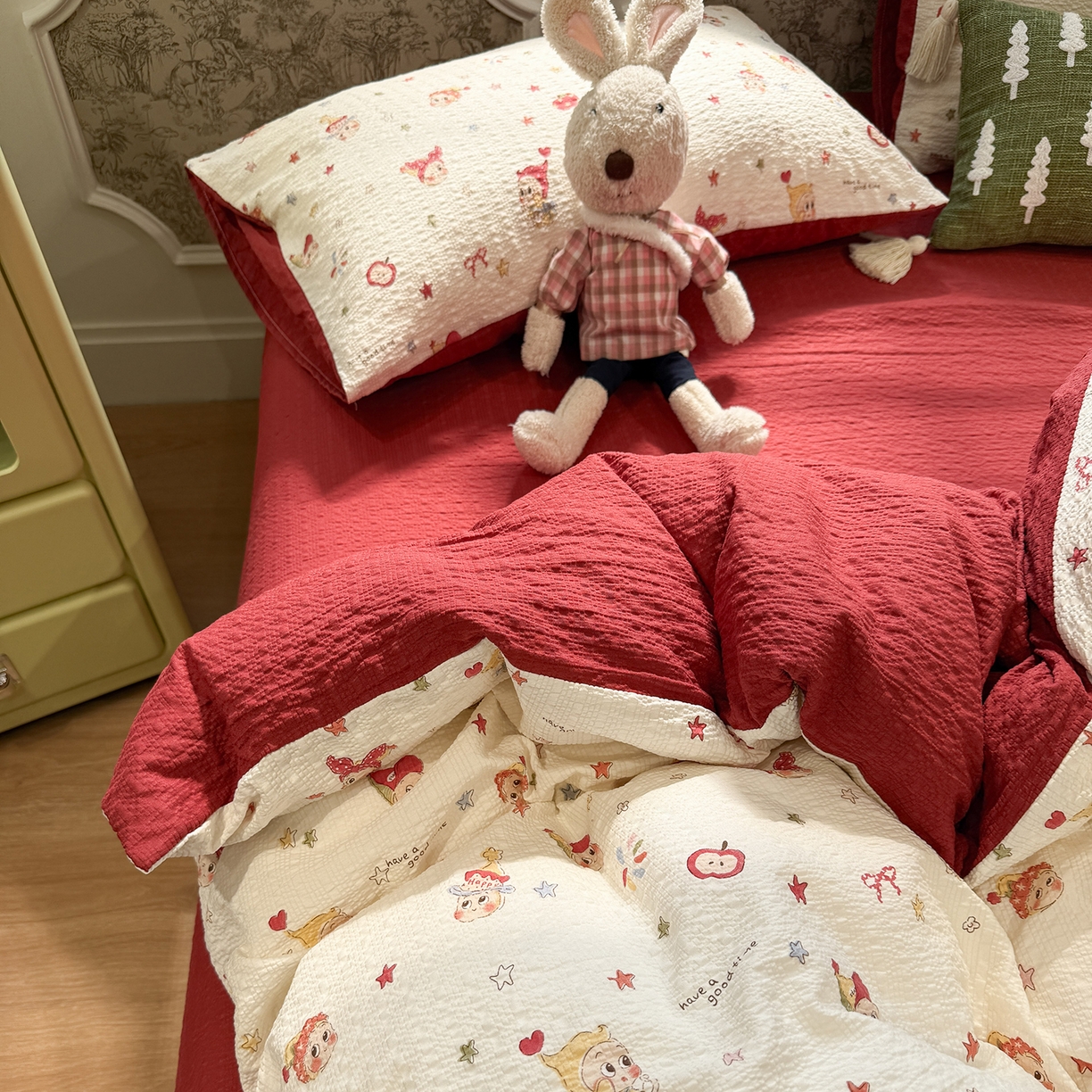 91家纺网 家纺一手货源 找家纺 水墨江南 2026直播热款泡芙棉双层纱四件套 快乐星星