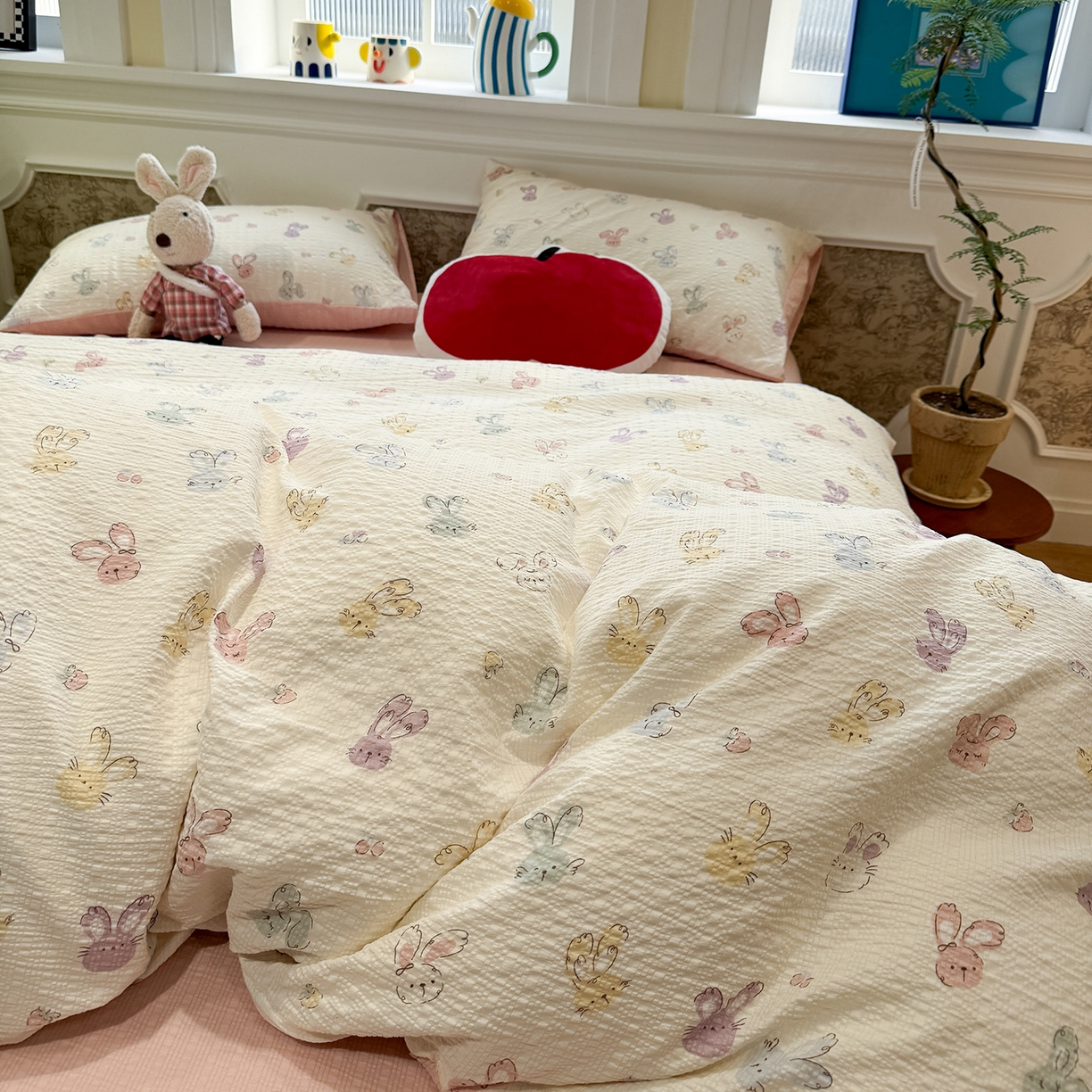 91家纺网 家纺一手货源 找家纺 水墨江南 2026直播热款泡芙棉双层纱四件套 七彩小兔