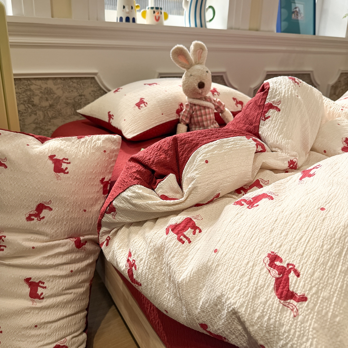 水墨江南 2026直播热款泡芙棉双层纱四件套 红色小马