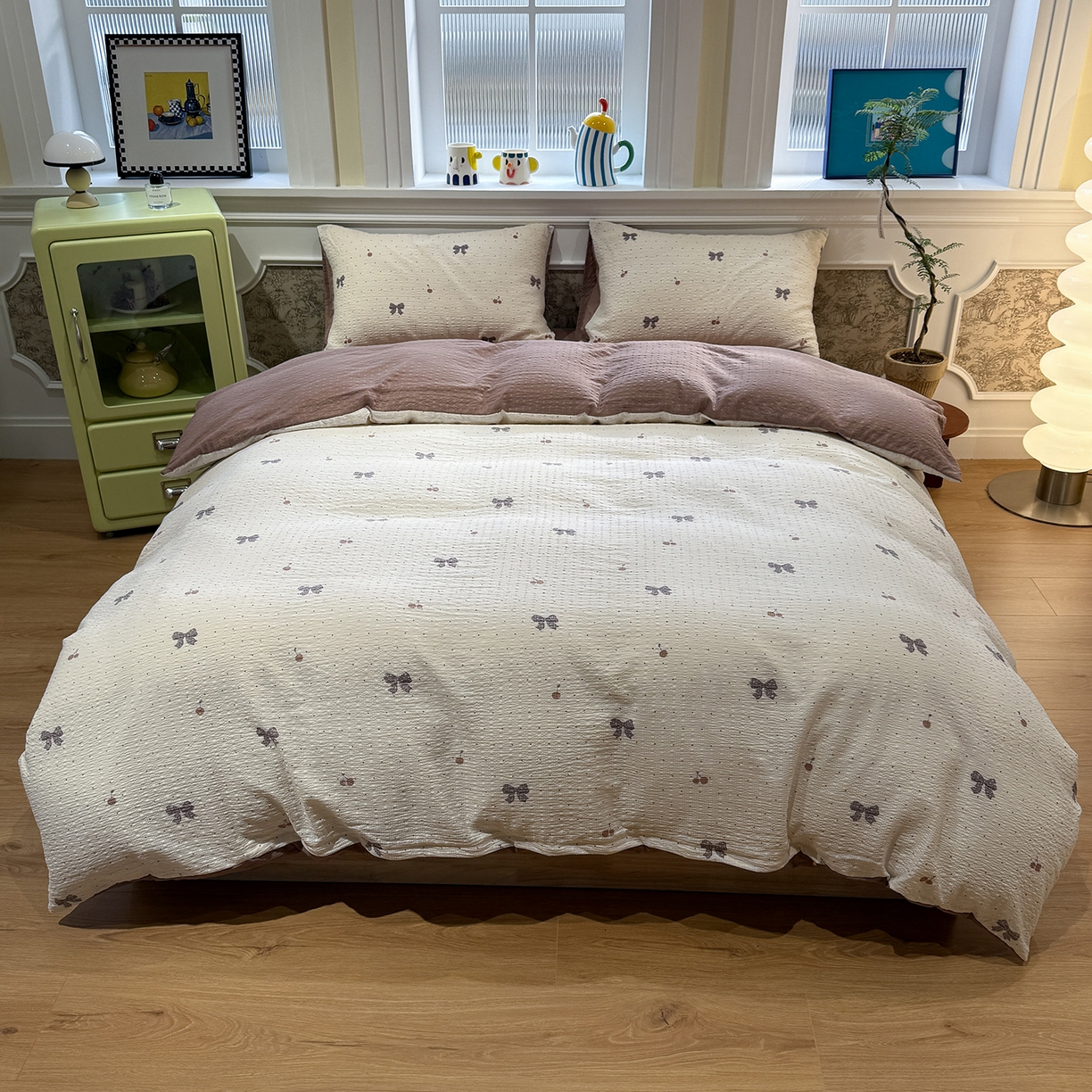 91家纺网 家纺一手货源 找家纺 水墨江南 2026直播热款泡芙棉双层纱四件套 蝴蝶结果果