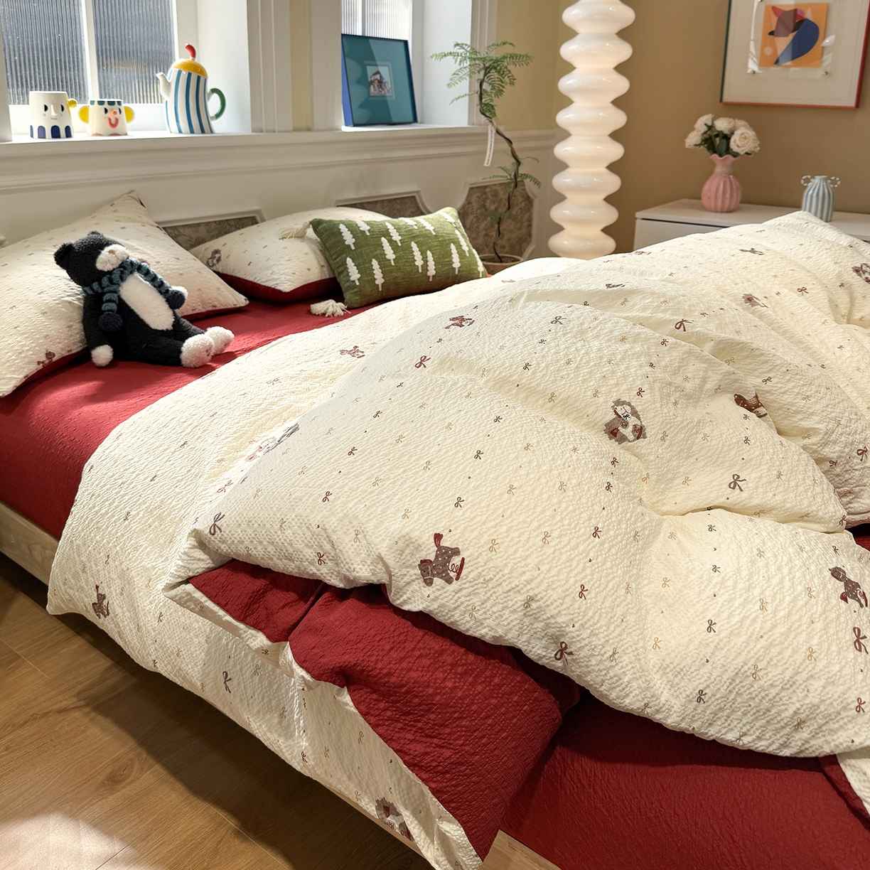 91家纺网 家纺一手货源 找家纺 水墨江南 2026直播热款泡芙棉双层纱四件套 木马甜心