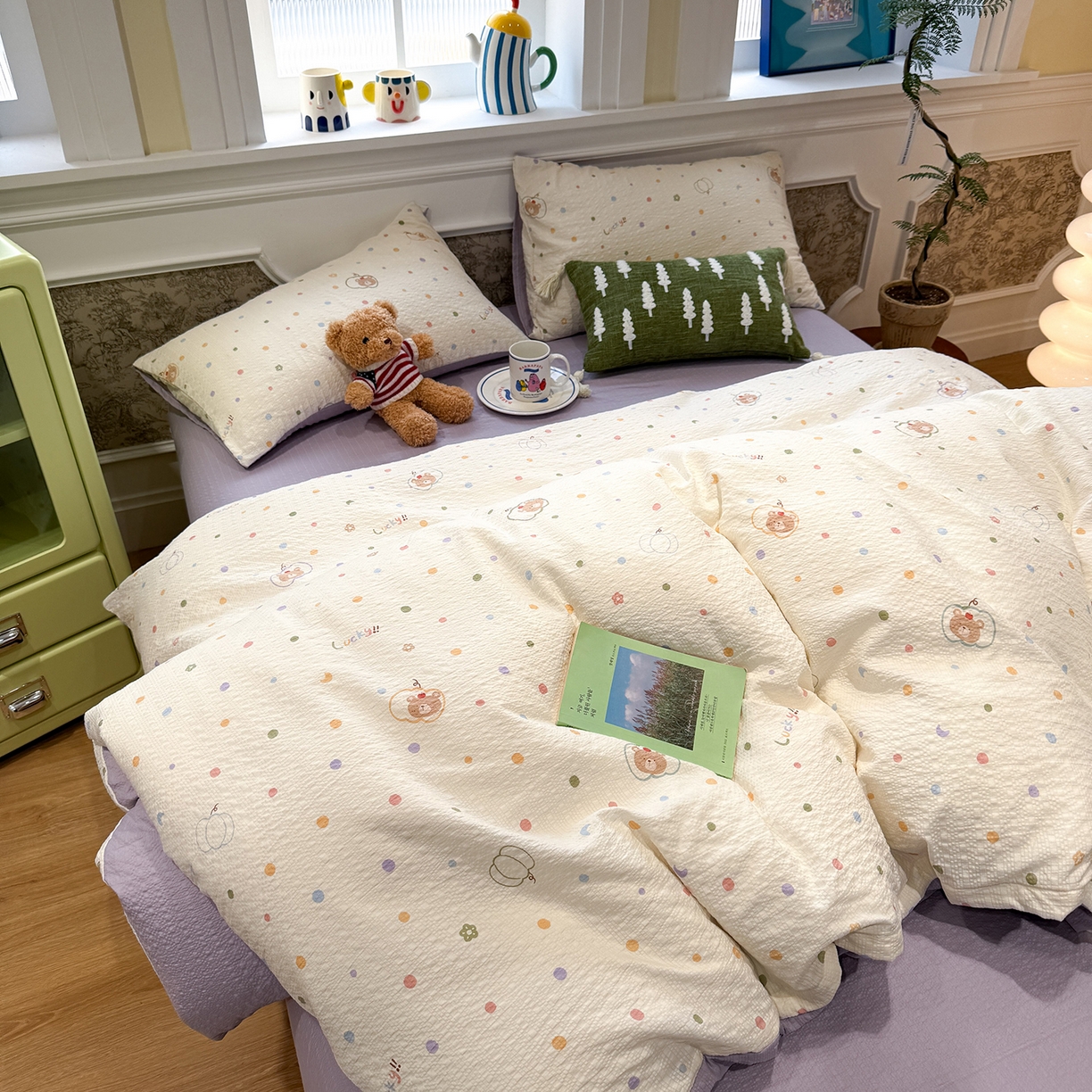 91家纺网 家纺一手货源 找家纺 水墨江南 2026直播热款泡芙棉双层纱四件套 小熊啵啵