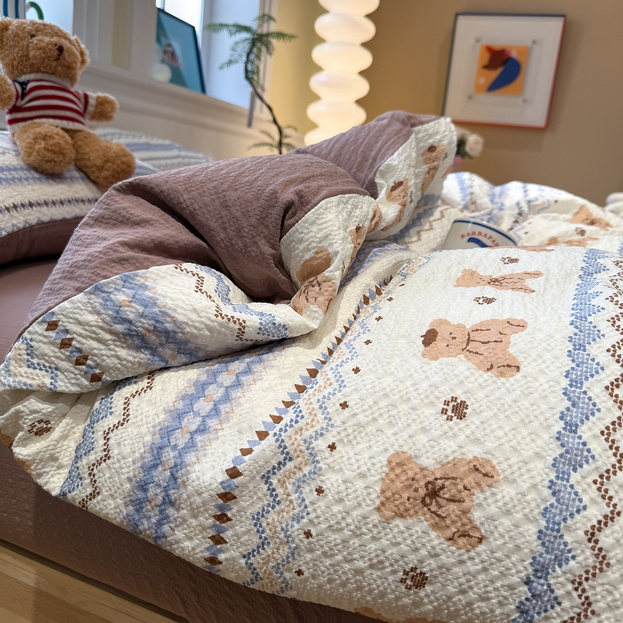 91家纺网 家纺一手货源 找家纺 水墨江南 2026直播热款泡芙棉双层纱四件套 费尔岛小熊