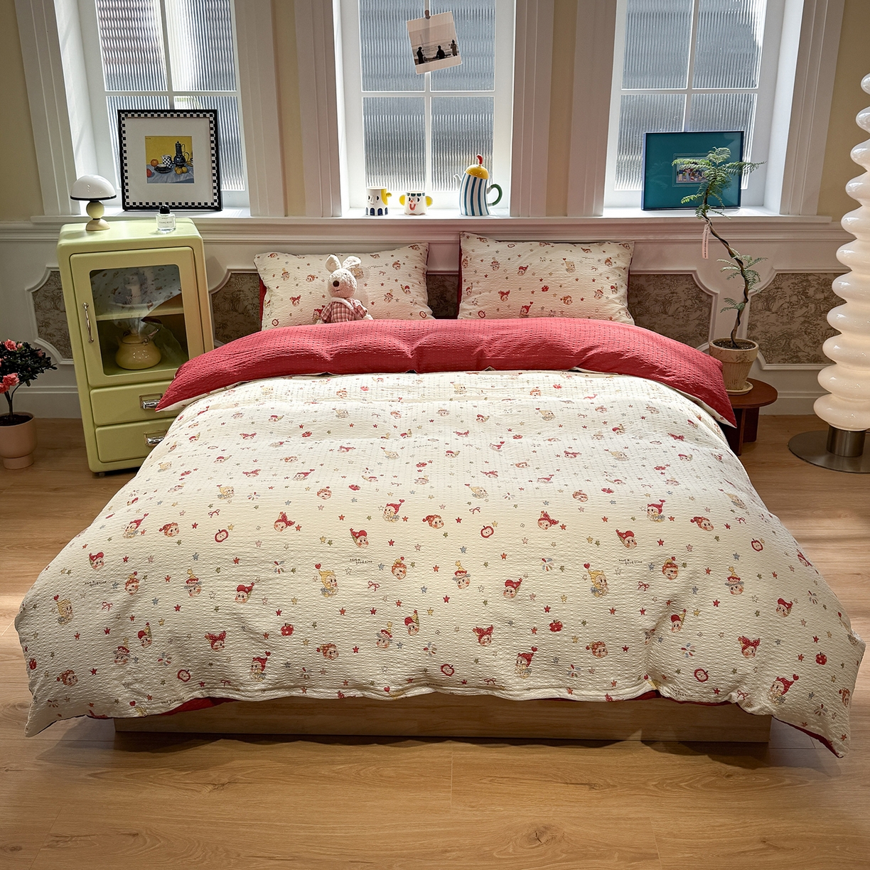 91家纺网 家纺一手货源 找家纺 水墨江南 2026直播热款泡芙棉双层纱四件套 快乐星星