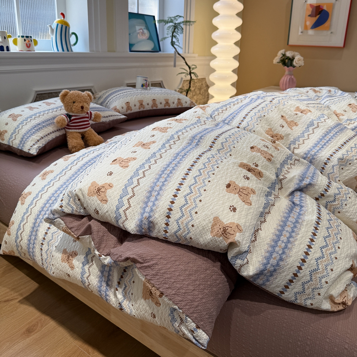 91家纺网 家纺一手货源 找家纺 水墨江南 2026直播热款泡芙棉双层纱四件套 费尔岛小熊