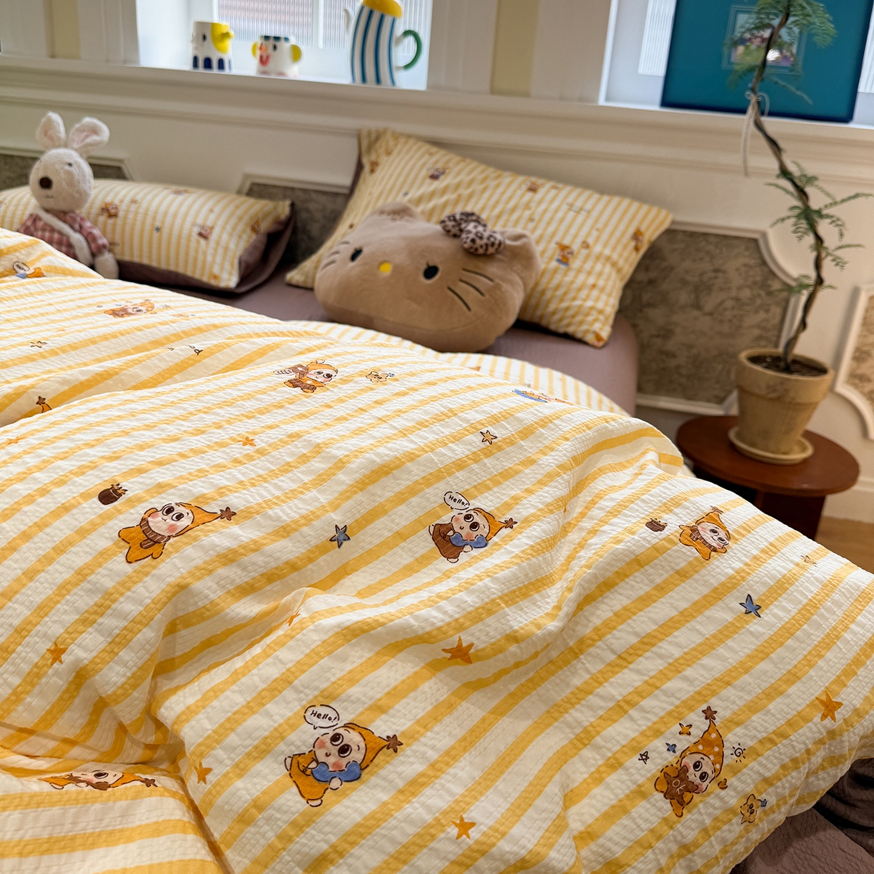 91家纺网 家纺一手货源 找家纺 水墨江南 2026直播热款泡芙棉双层纱四件套 可爱小星星