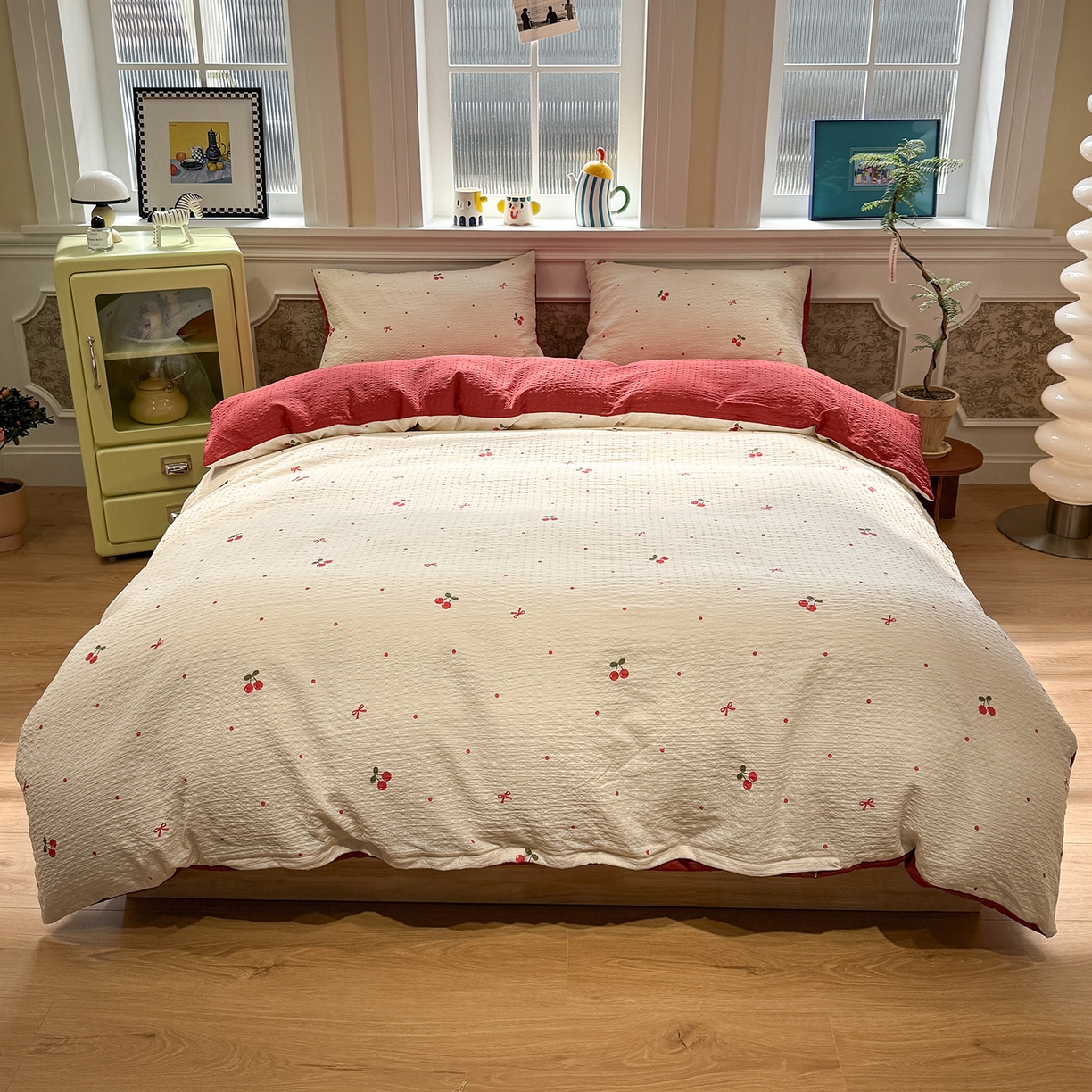 91家纺网 家纺一手货源 找家纺 水墨江南 2026直播热款泡芙棉双层纱四件套 樱桃啵啵